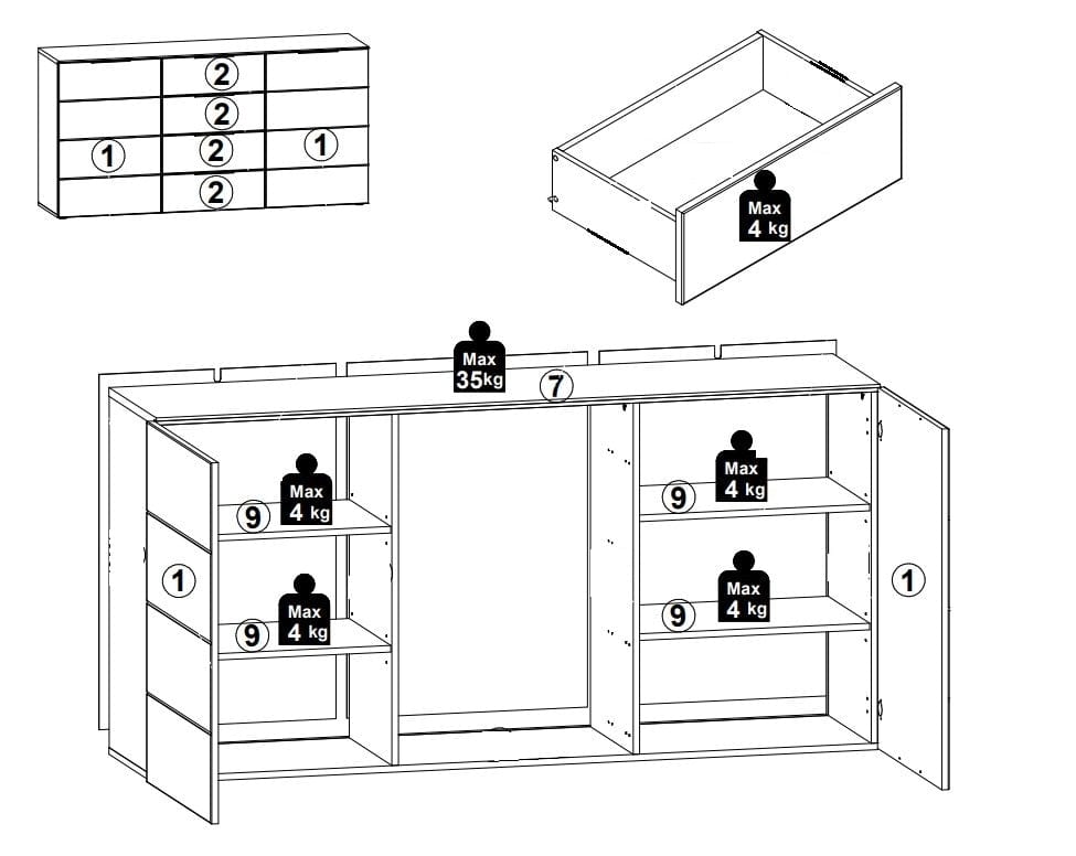 Comoda din pal si MDF cu 4 sertare si 2 usi, Madeline Alb / Stejar, l180xA44xH90 cm (4)