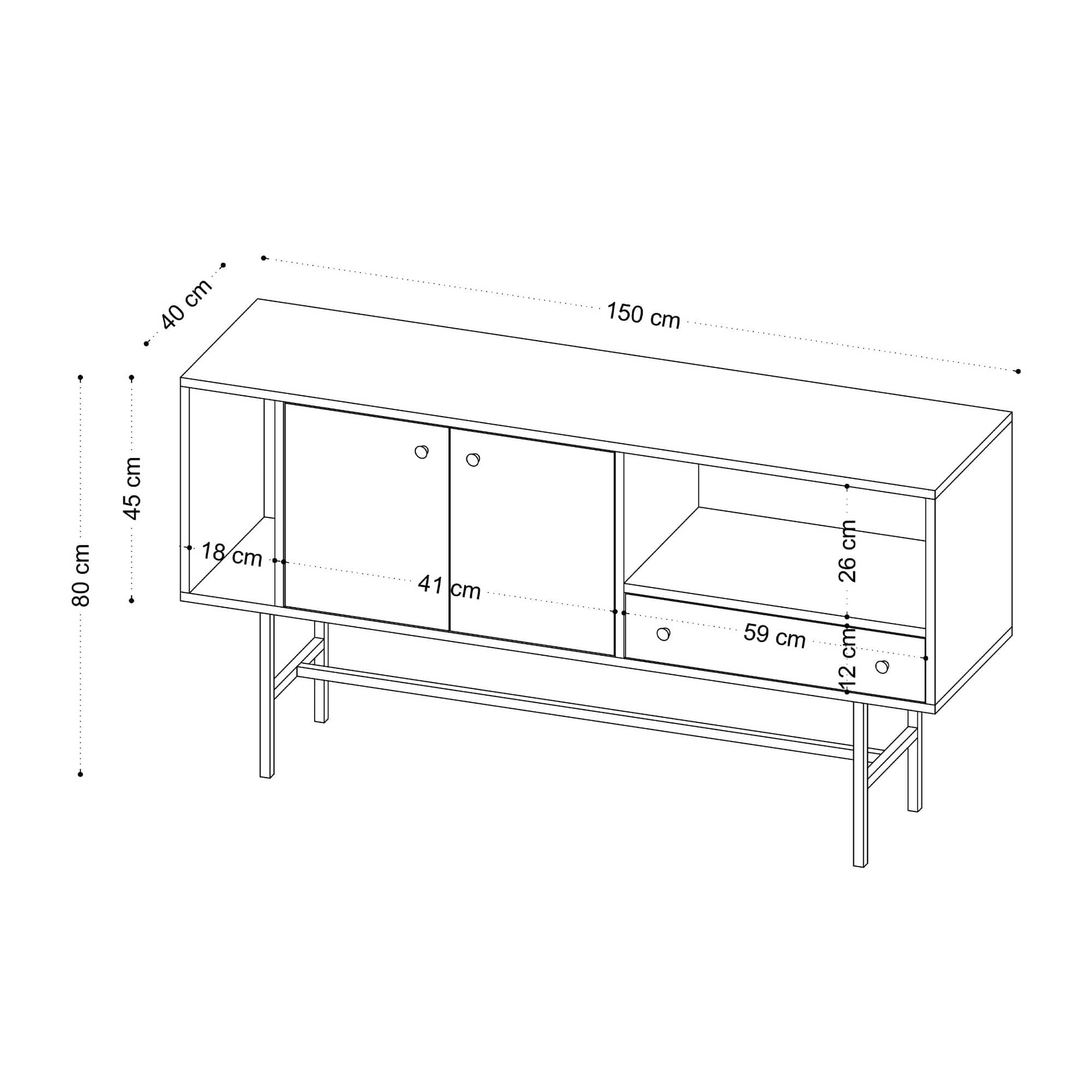 Comoda din pal si metal, cu 1 sertar si 2 usi, Freya V2 Stejar / Negru, l150xA40xH80 cm (4)