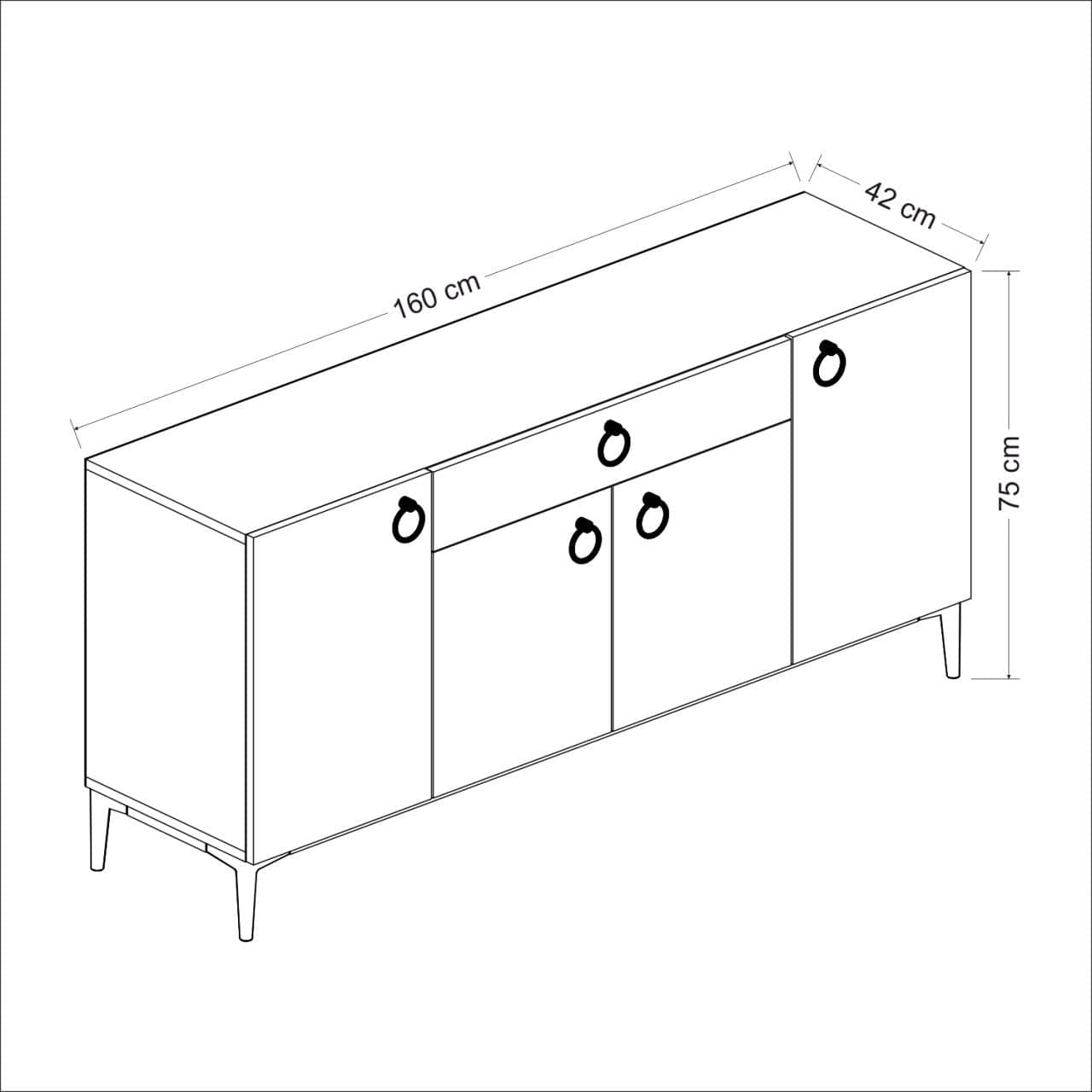 Comoda din pal si metal, cu 1 sertar si 4 usi, Moon Nuc / Negru, l160xA42xH75 cm (7)