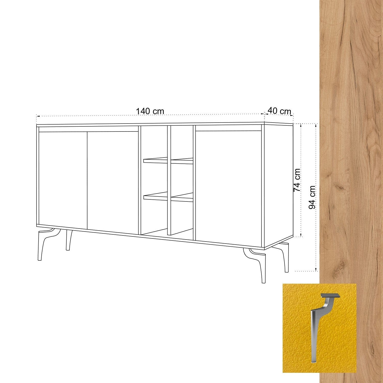 Comoda din pal si metal, cu 3 usi, Kaja Stejar / Argintiu, l140xA40xH94 cm (4)