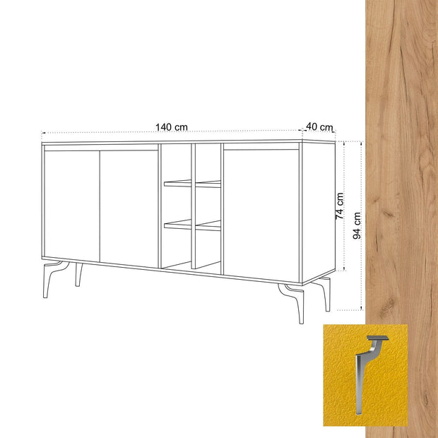 Comoda din pal si metal, cu 3 usi, Kaja Stejar / Argintiu, l140xA40xH94 cm (4)