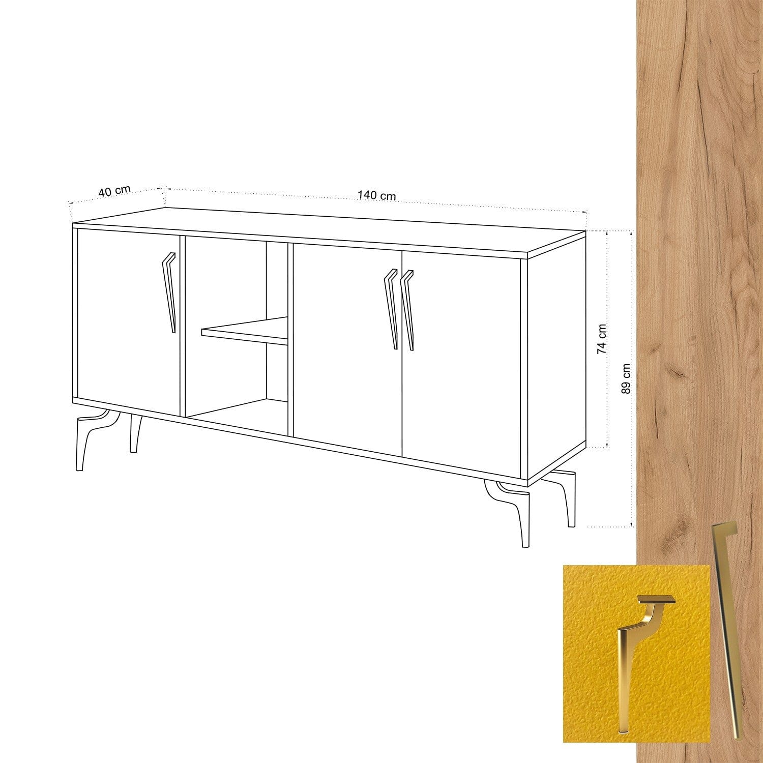 Comoda din pal si metal, cu 3 usi, Suder Stejar / Auriu, l140xA40xH86 cm (4)