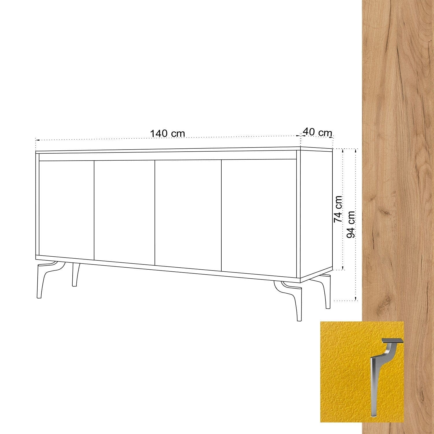 Comoda din pal si metal, cu 4 usi, Utah Galben / Argintiu, l140xA40xH94 cm (3)