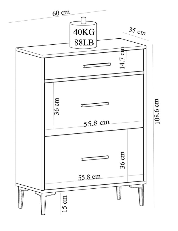 Comoda din pal si plastic, cu 1 sertar si 2 usi, Alberto Alb / Negru, l60xA35xH108,6 cm (5)