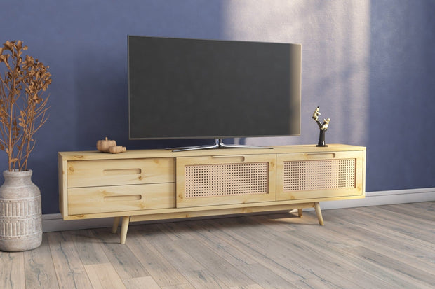 Comoda TV din lemn, cu 2 sertare si 2 usi, DZ073 Natural, l180xA30xH45 cm (1)