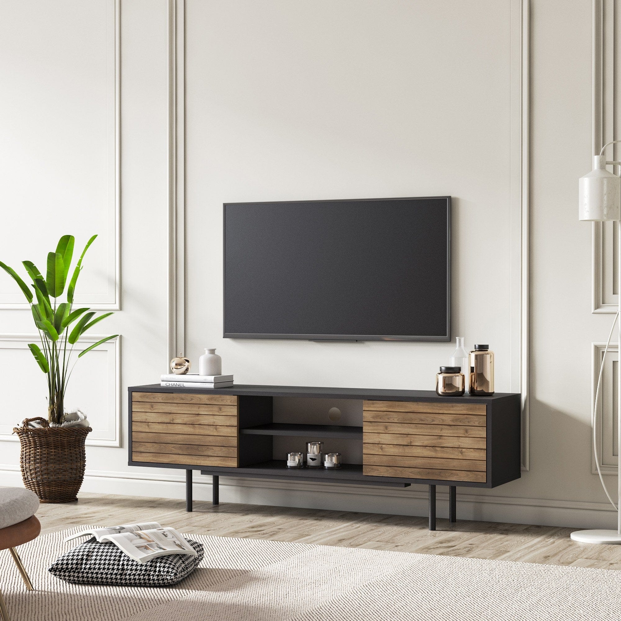 Comoda TV din lemn, cu 2 usi, Colosseo Negru / Nuc, l160xA35xH52 cm - SomProduct Romania