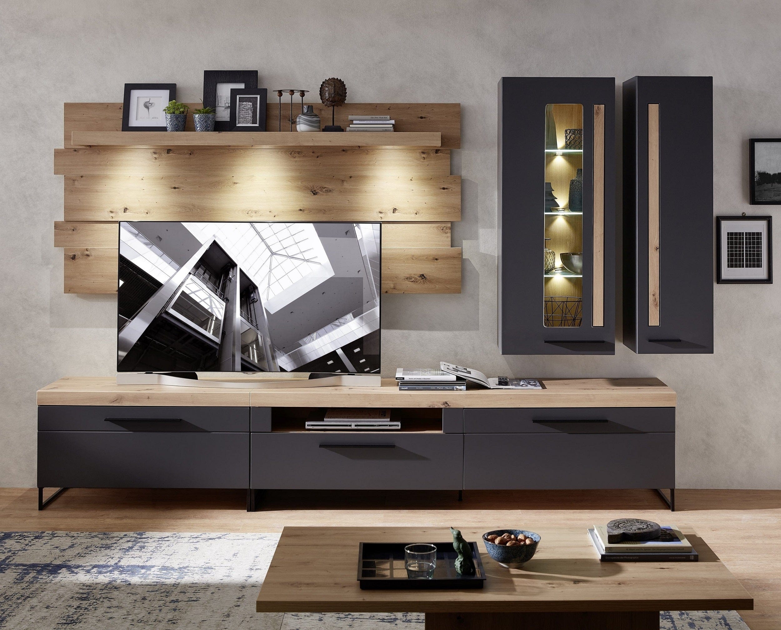 Innostyle Comoda TV din MDF, cu 1 sertar si 1 usa Loftis Grafit / Stejar, l192xA44xH55 cm