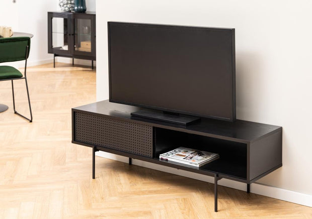 Actona Comoda TV din MDF si metal, cu 1 usa, Angus Negru, l140xA40xH44,5 cm