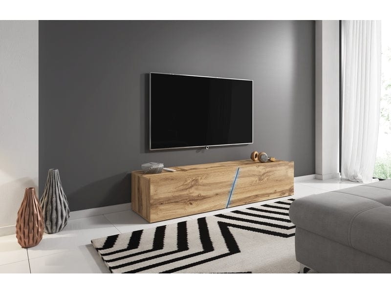 Comoda TV din MDF si pal, cu 2 usi si LED inclus, Simina Stejar Wotan, l160xA40xH35 cm (1)