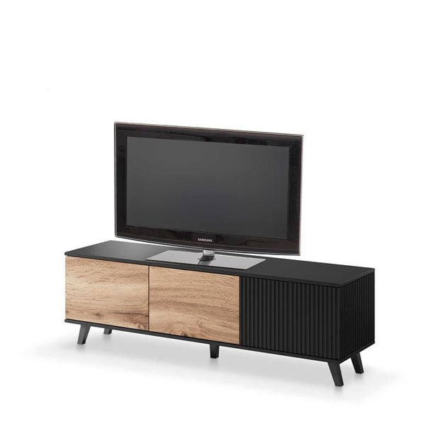 Comoda TV din MDF si pal, cu 3 usi, Randolph RTV-1 Stejar Wotan / Negru, l150xA40xH47 cm (2)