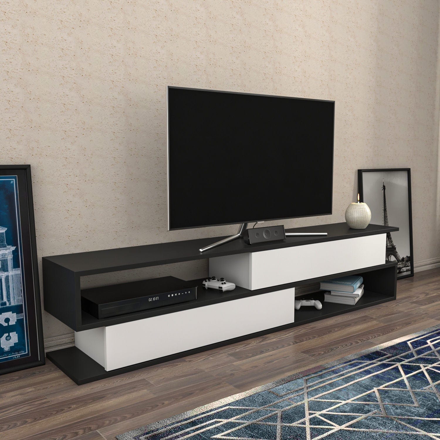 Comoda TV din pal, Cortez Antracit / Alb, l160xA38,6xH35,3 cm - SomProduct Romania