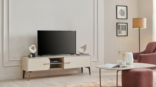 Comoda TV din pal, cu 1 sertar si 1 usa, Nicole Small Crem, l180,2xA48,3xH54,3 cm - SomProduct Romania