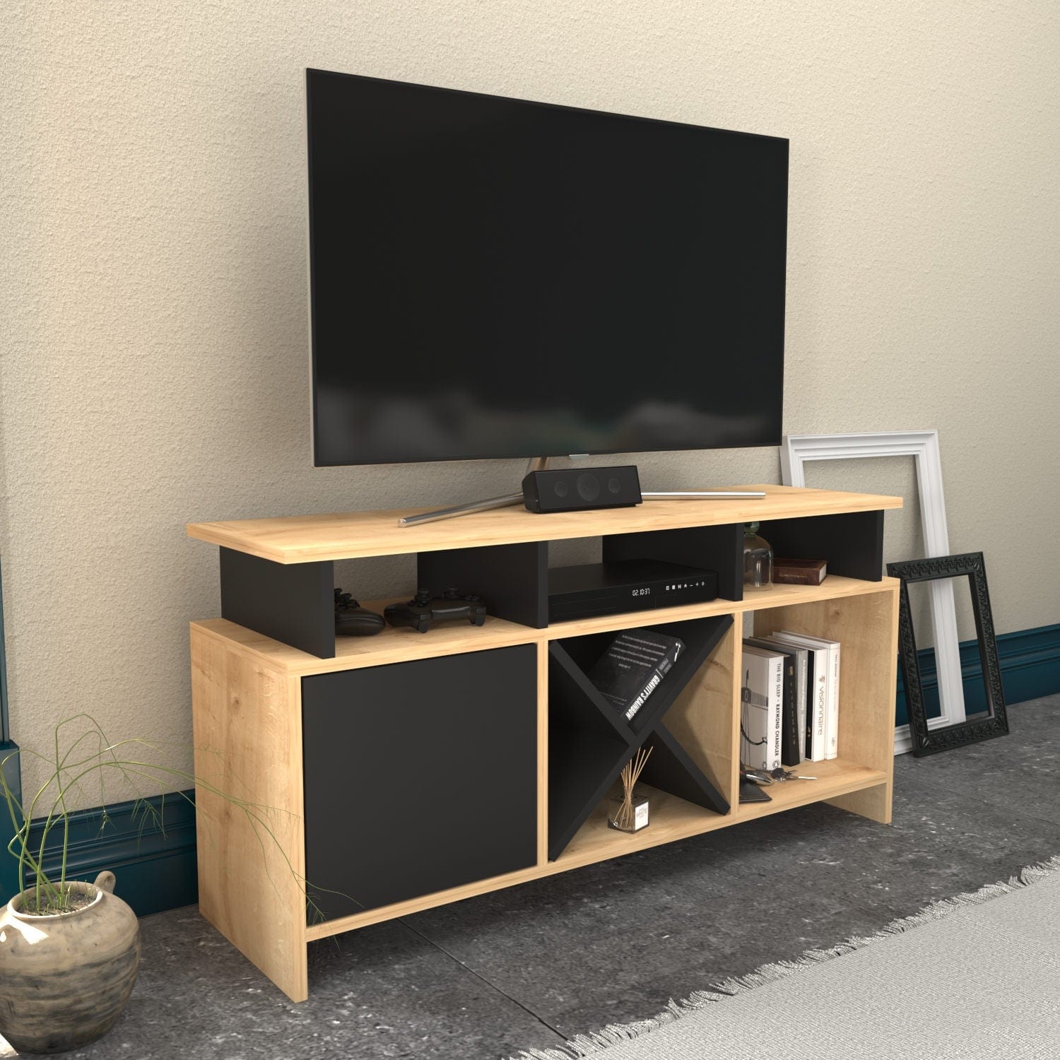 Comoda TV din pal, cu 1 usa, Auburn Stejar / Antracit, l120xA60,6xH29,9 cm - SomProduct Romania