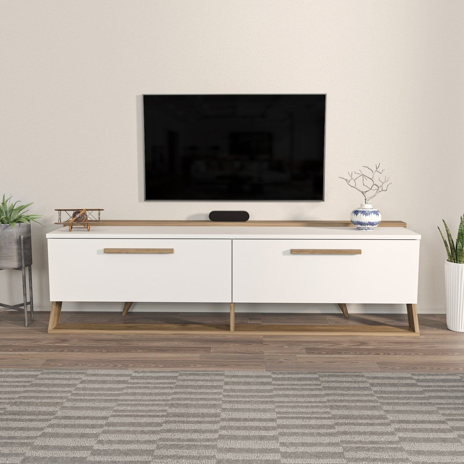 Comoda TV din pal, cu 2 usi, Astrid Alb / Nuc, l163,8xA36,6xH46,8 cm - SomProduct Romania
