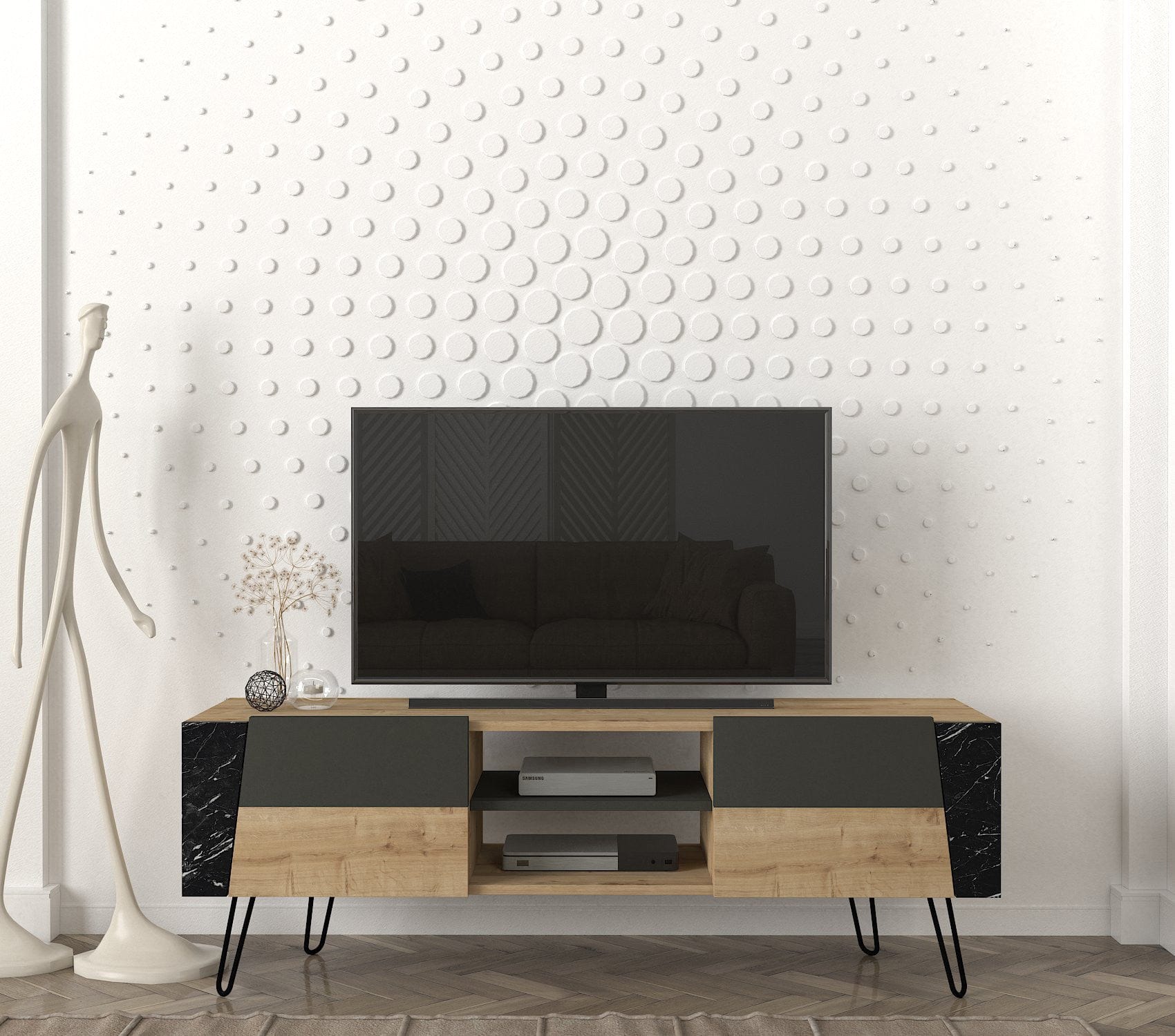 Comoda TV din pal, cu 2 usi, Fanten Stejar Sapphire / Antracit, l150xA36,8xH52 cm - SomProduct Romania