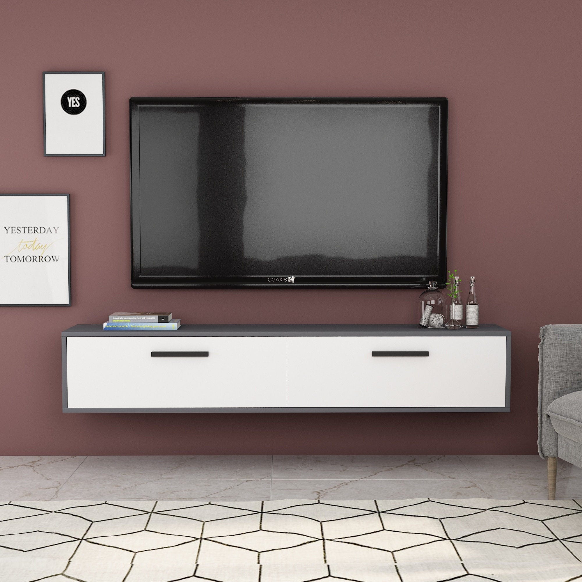 Comoda TV din pal, cu 2 usi, Inel Antracit / Alb, l150xA29,6xH45 cm - SomProduct Romania