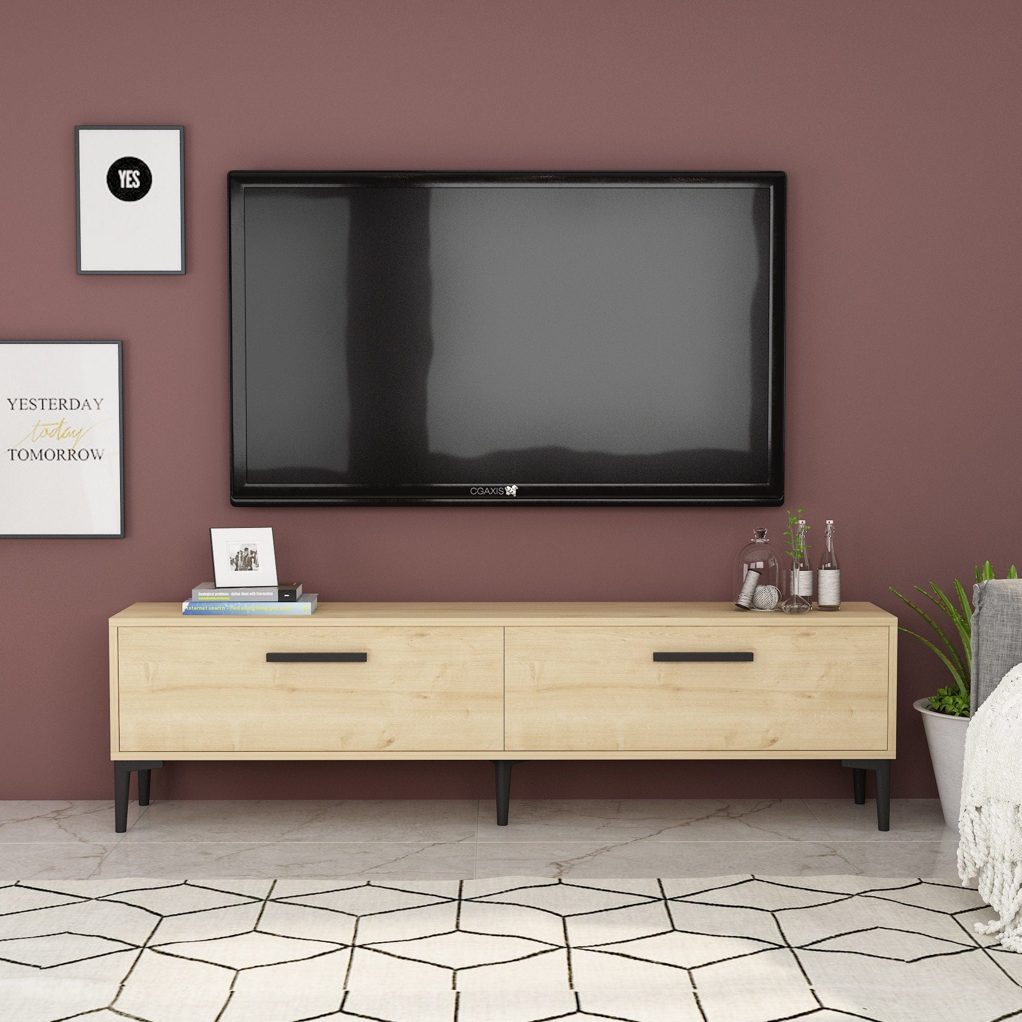 Comoda TV din pal, cu 2 usi, Inel Stejar Sapphire, l150xA29,6xH45 cm - SomProduct Romania