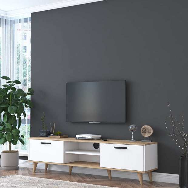 Comoda TV din pal, cu 2 usi, Zizi A6 Alb / Nuc, l180xA35xH48,6 cm - SomProduct Romania