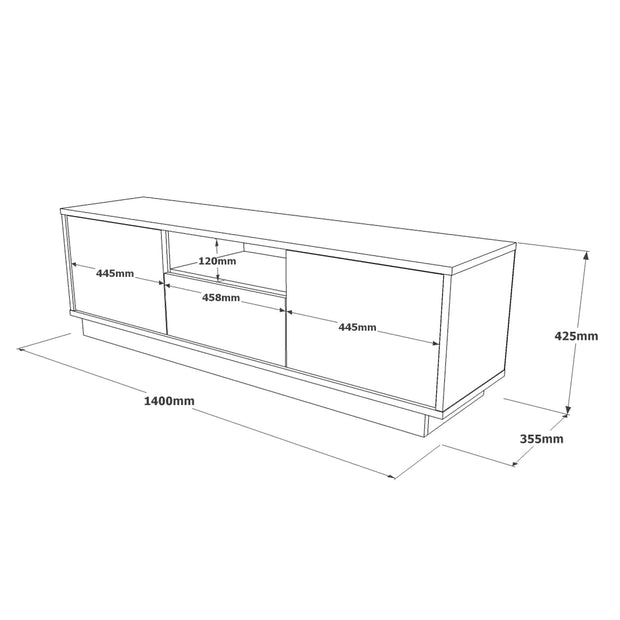 Comoda TV din pal, cu 3 usi, Luvio LV3-GW Gri Deschis / Alb, l140xA35,5xH42,5 cm (6)