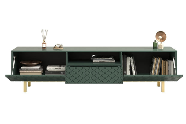 Bogart Comoda TV din pal, MDF si metal, cu 1 sertar si 2 usi, Scalia II 190-2K1SZ Verde / Auriu, l190xA42xH49 cm