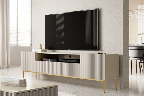 Comoda TV din pal, MDF si metal, cu 2 sertare si 2 usi, Nicole Large RTV 200-2D2SZ Auriu, l200xA45xH60 cm