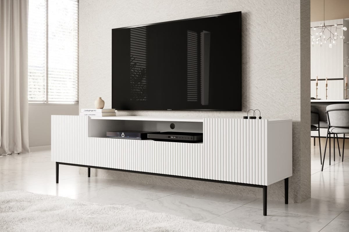 Comoda TV din pal, MDF si metal, cu 2 sertare si 2 usi, Nicole Large RTV 200-2D2SZ Negru, l200xA45xH60 cm