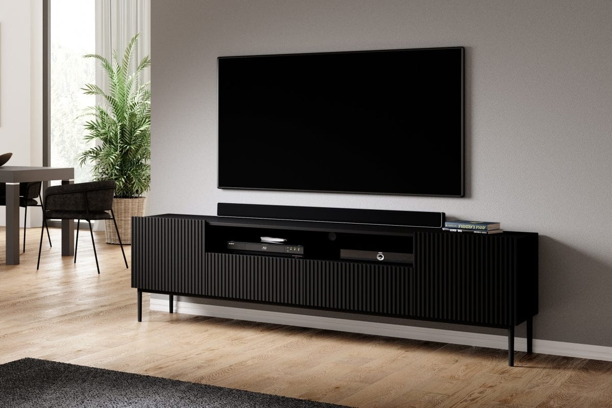 Comoda TV din pal, MDF si metal, cu 2 sertare si 2 usi, Nicole Large RTV 200-2D2SZ Negru, l200xA45xH60 cm (1)