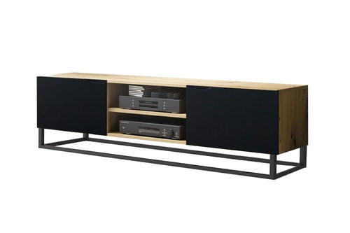 Bogart Comoda TV din pal, MDF si metal, cu 2 usi, Loftia Mini 160-2K Negru / Stejar Artisan, l160xA37xH52 cm