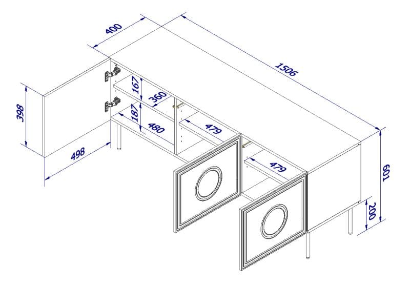 Comoda TV din pal, MDF si metal, cu 3 usi, Palazzo Negru / Stejar, l150xA42xH60 cm (1)