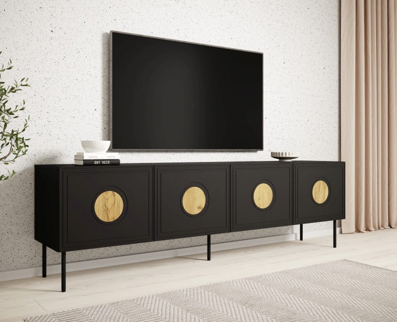 Comoda TV din pal, MDF si metal, cu 4 usi, Palazzo Negru / Stejar, l200xA42xH60 cm