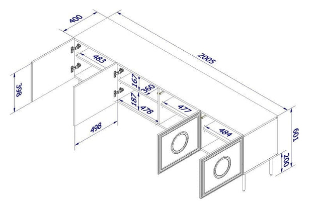 Comoda TV din pal, MDF si metal, cu 4 usi, Palazzo Negru / Stejar, l200xA42xH60 cm (3)