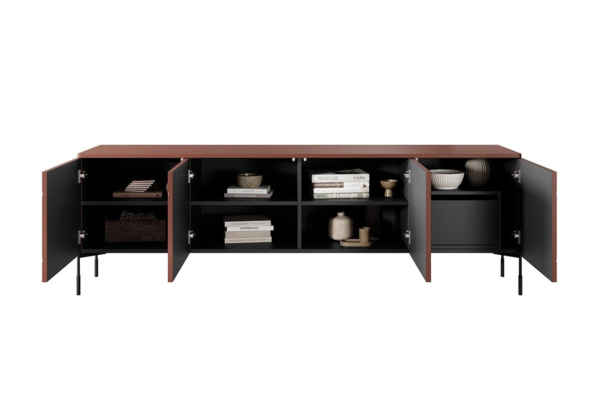 Comoda TV din pal, MDF si metal, cu 4 usi si 1 sertar, Sonatia RTV-200-4D1SZ Burgundy / Negru, l204xA45xH65 cm (6)