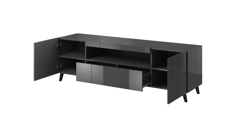 Comoda TV din pal, MDF si plastic, cu 2 sertare si 2 usi Reja Grafit / Negru, l184xA45xH57,5 cm (4)