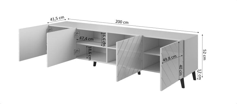 Comoda TV din pal, MDF si plastic, cu 4 usi, Abeto Alb / Negru, l200xA41,6xH52 cm (3)