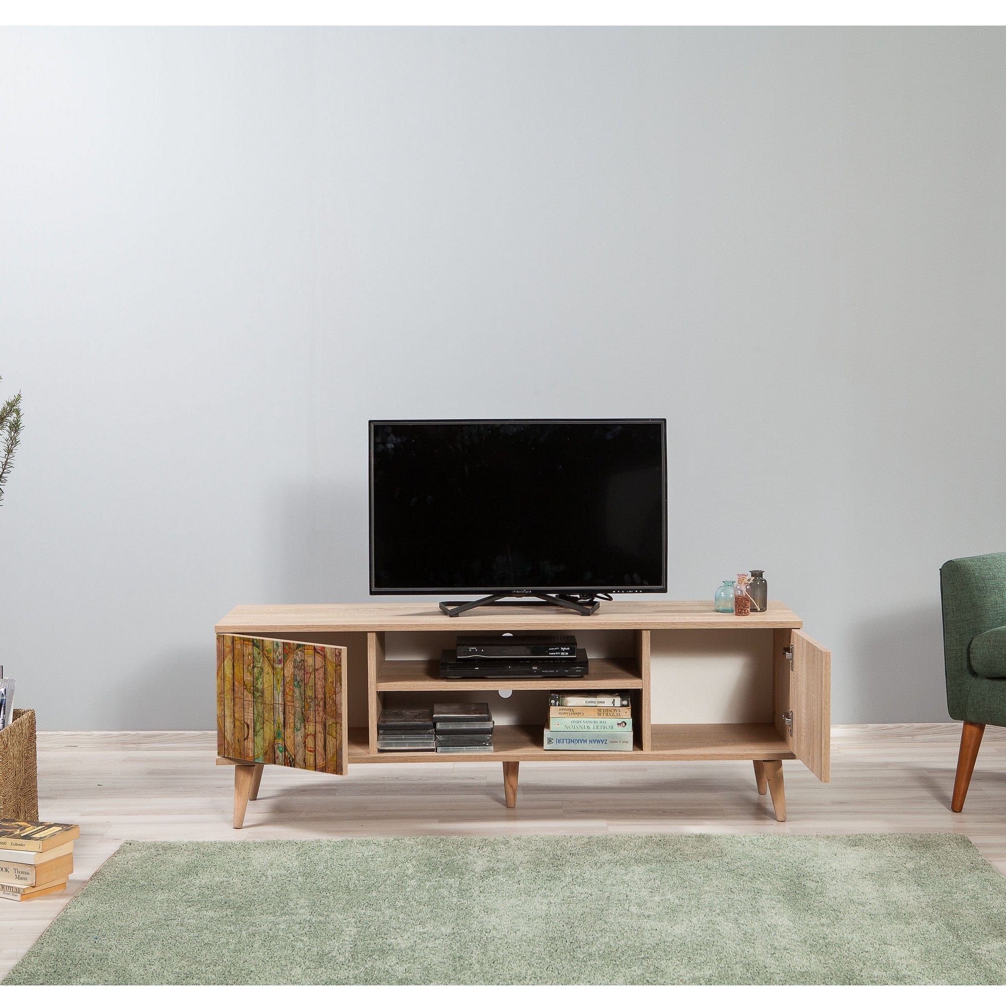 Comoda TV din pal si lemn, cu 2 usi, Truva Stejar Sonoma, l140xA40xH50 cm - SomProduct Romania