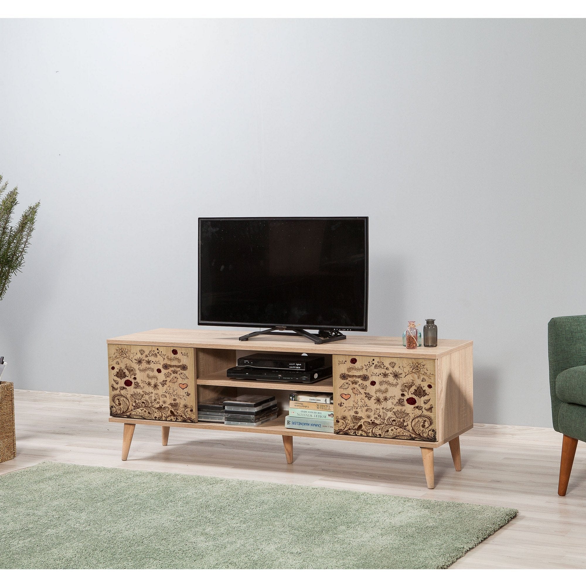 Comoda TV din pal si lemn, cu 2 usi, Truva Stejar Sonoma, l140xA40xH50 cm - SomProduct Romania