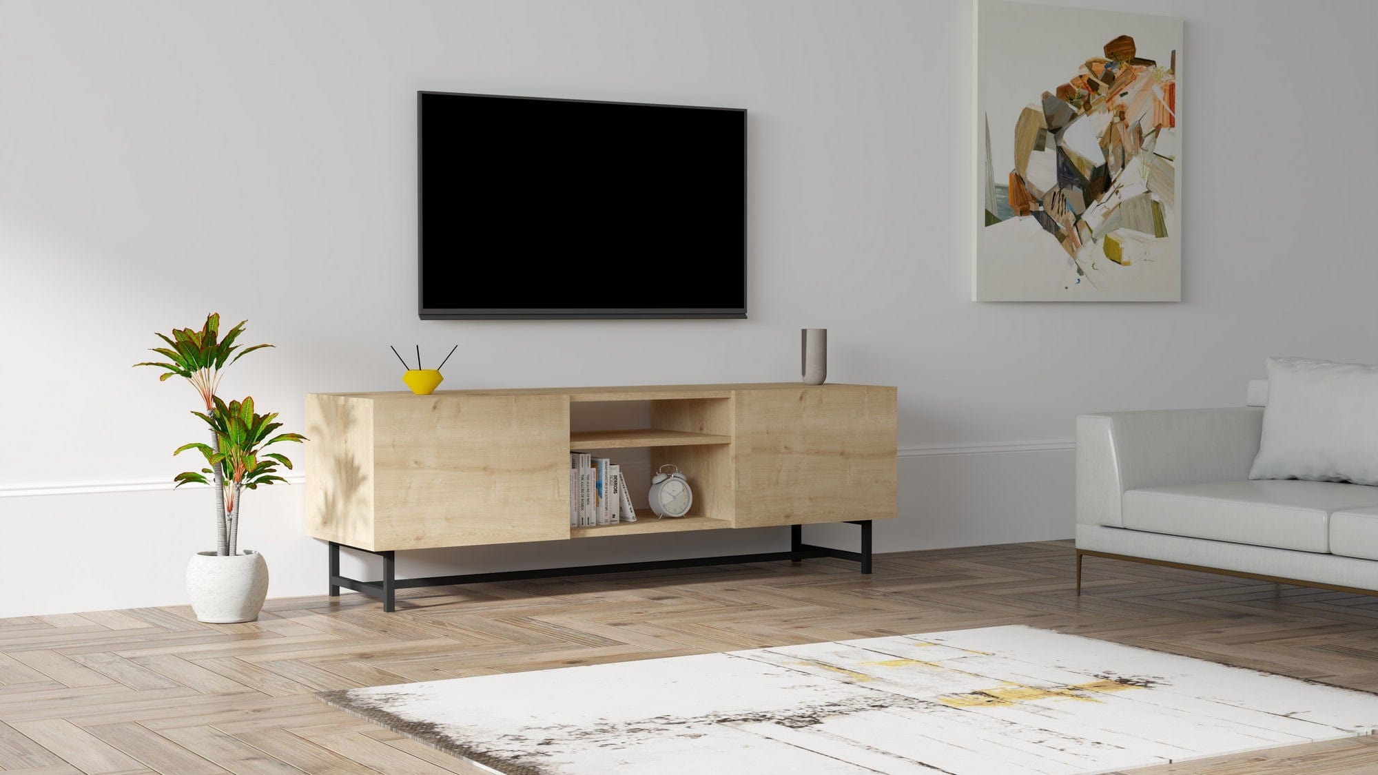 Comoda TV din pal si lemn, cu 2 usi, Tugi Stejar Sapphire, l150xA40xH50 cm - SomProduct Romania