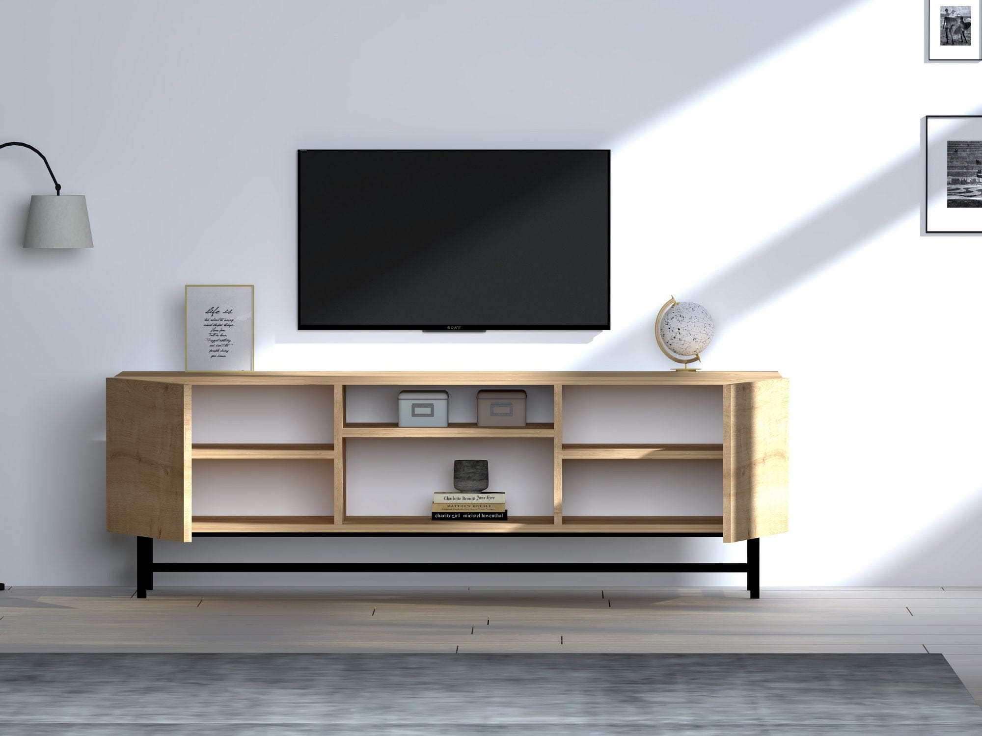 Comoda TV din pal si lemn, cu 2 usi, Tugi Stejar Sapphire, l150xA40xH50 cm - SomProduct Romania