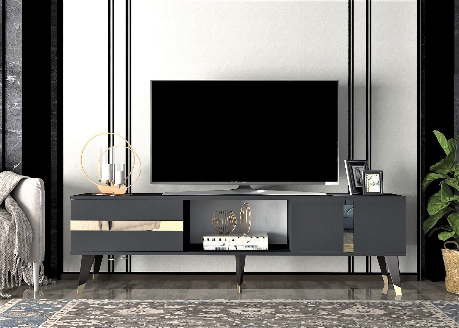 Comoda TV din pal si lemn, cu 2 usi, Vania Antracit / Auriu, l150xA50xH29,6 cm - SomProduct Romania