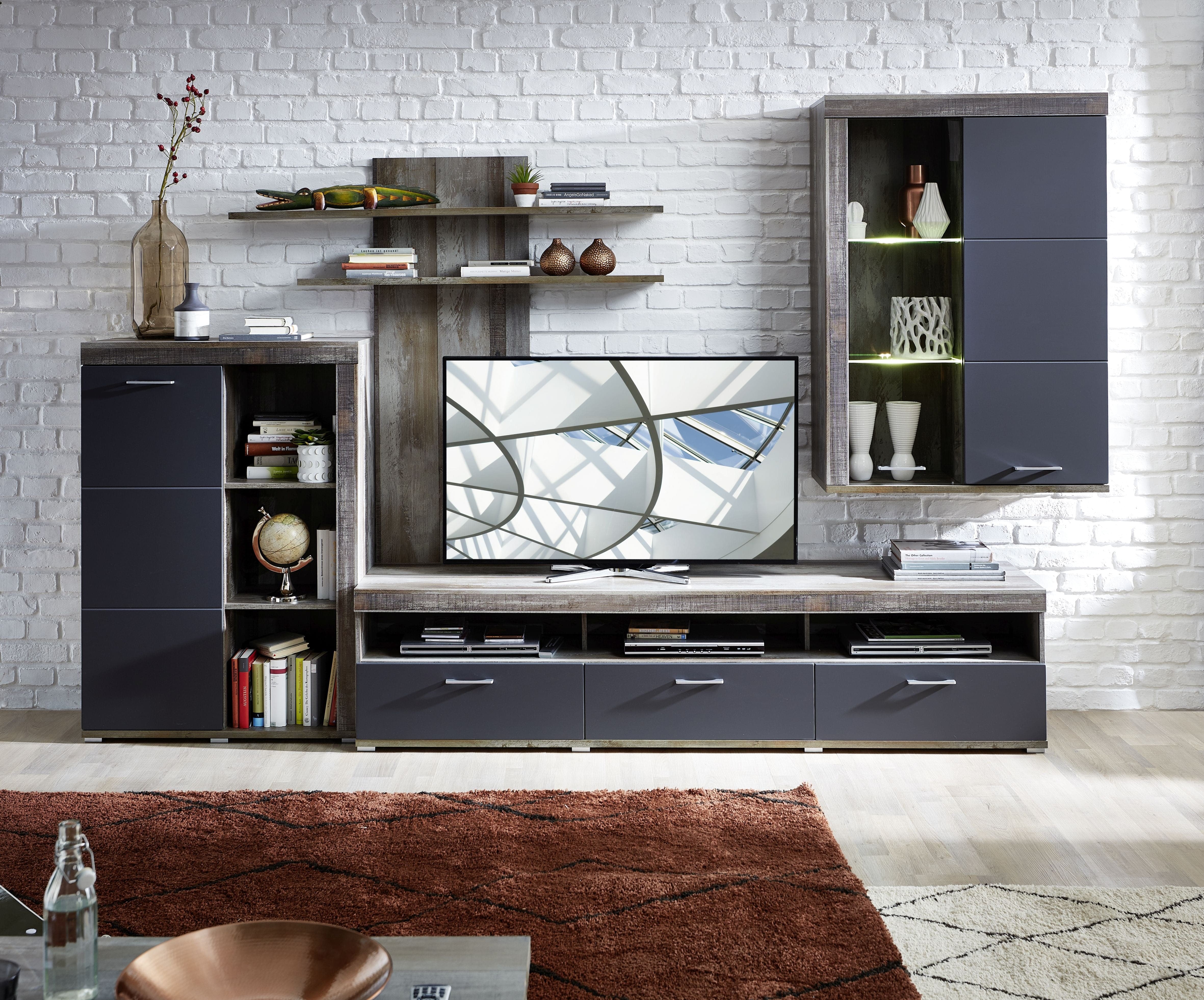 Innostyle Comoda TV din pal si MDF, cu 1 sertar si 2 usi Krone Large Grafit / Natur, l210xA48xH50 cm