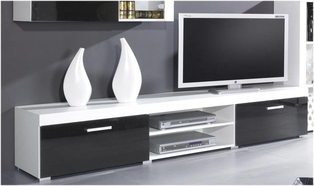 Comoda TV din pal si MDF, cu 2 usi, Samba Alb / Negru, l200xA39xH45 cm