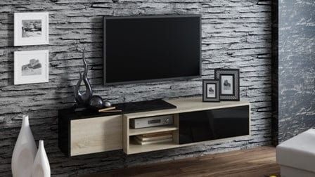 Comoda TV din pal si MDF, cu 2 usi, Sigma Stejar / Negru, l180xA45xH43 cm