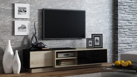 Comoda TV din pal si MDF, cu 2 usi, Sigma Stejar / Negru, l180xA45xH43 cm (1)