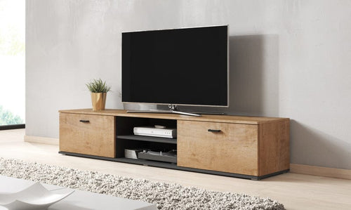 Comoda TV din pal si MDF, cu 2 usi, Soho Stejar / Negru, l180xA43xH37 cm