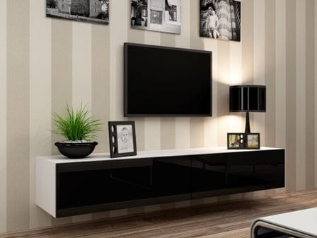 Comoda TV din pal si MDF, cu 2 usi, Vigo Alb / Negru, l180xA40xH30 cm