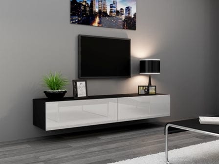 Comoda TV din pal si MDF, cu 2 usi, Vigo Negru / Alb, l180xA40xH30 cm