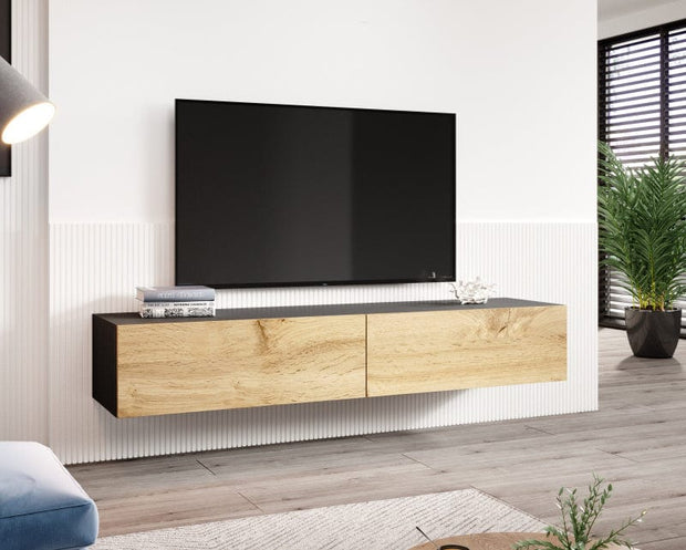 Comoda TV din pal si MDF, cu 2 usi, Vigo Stejar / Negru, l180xA40xH30 cm