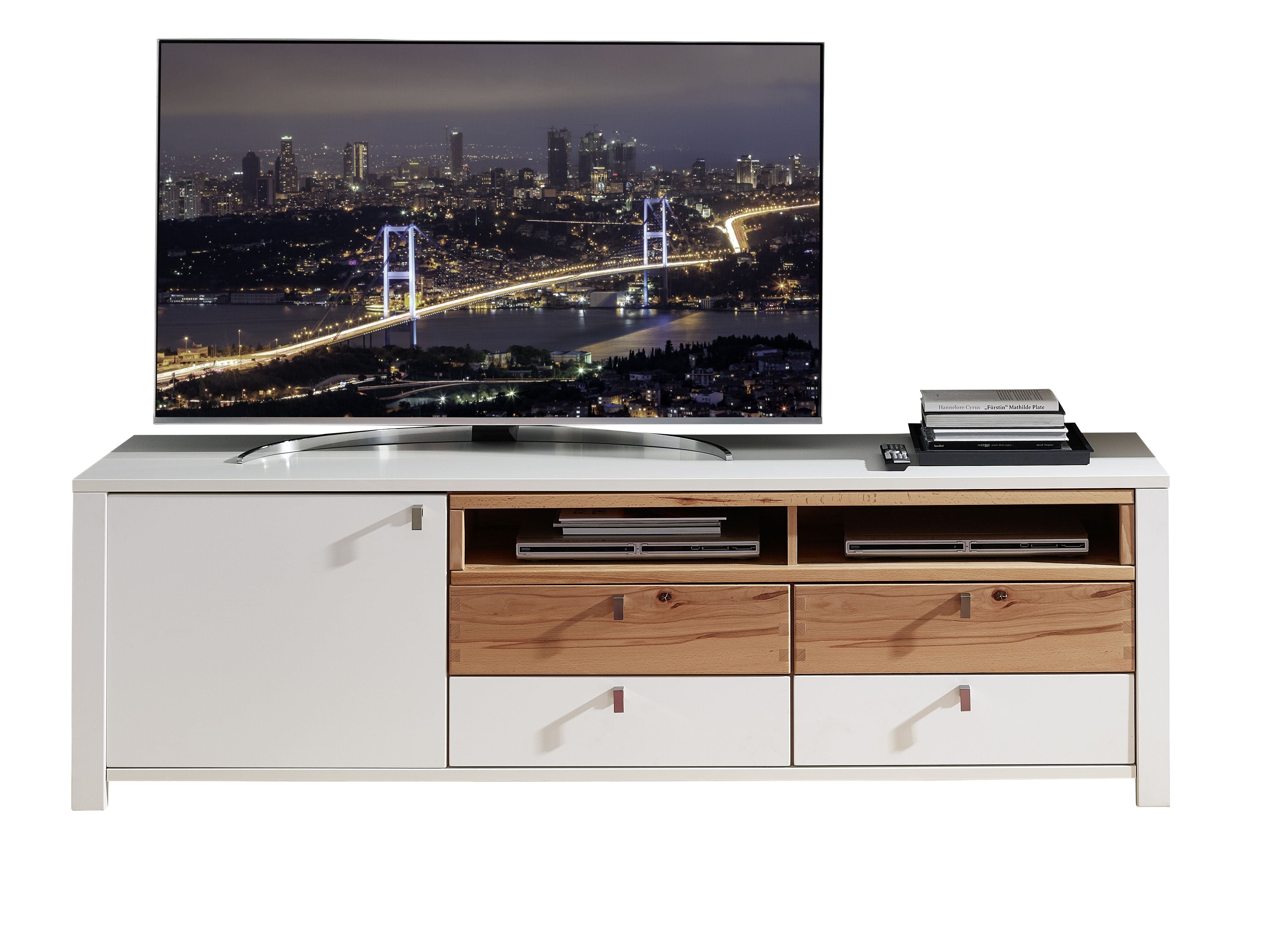 Innostyle Comoda TV din pal si MDF cu 4 sertare si 1 usa, Selina Alb / Natur, l192xA47xH58 cm