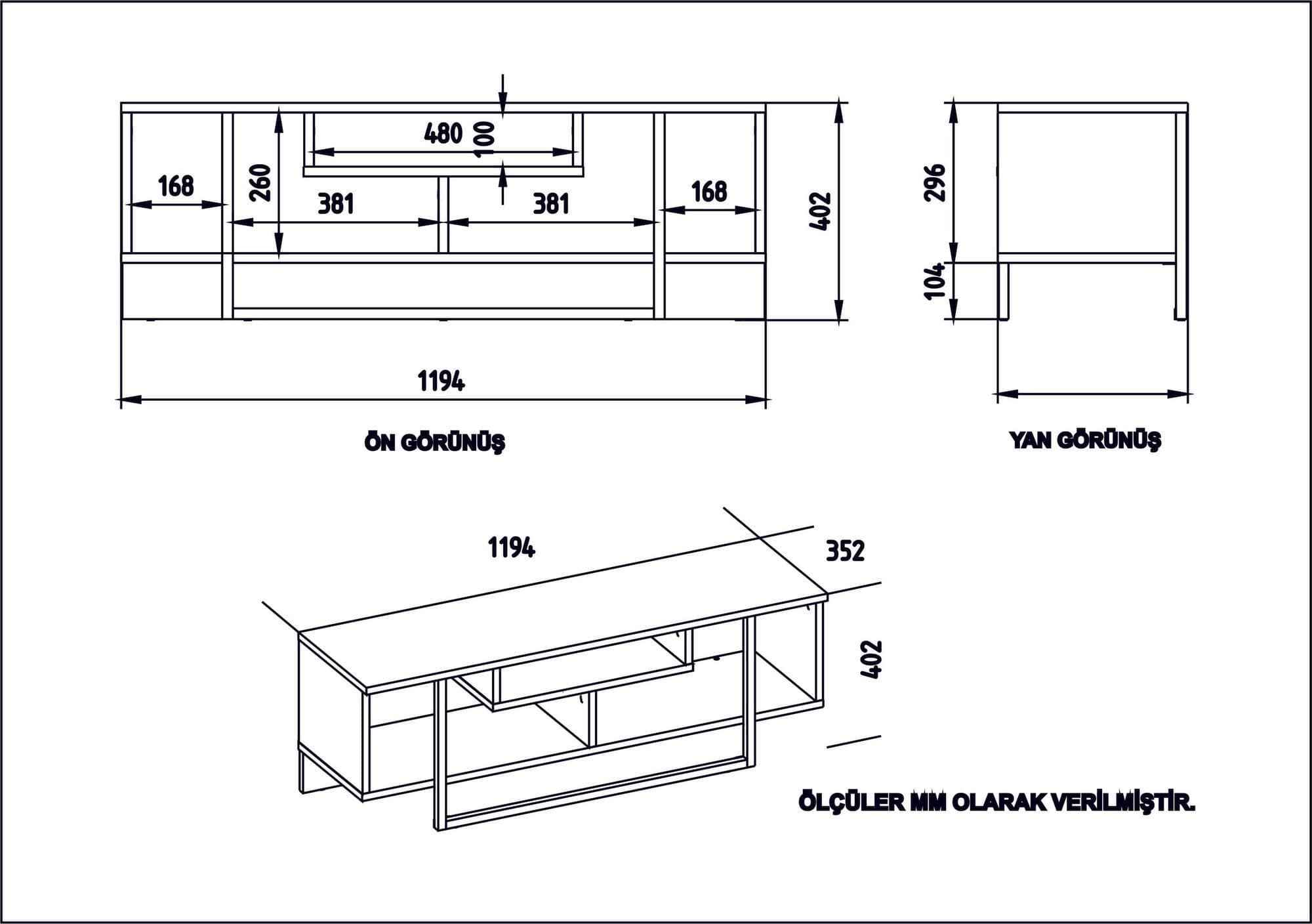 Comoda TV din pal si metal, Asal 120 Alb / Negru / Stejar, l119,4xA35,2xH40,2 cm (3)