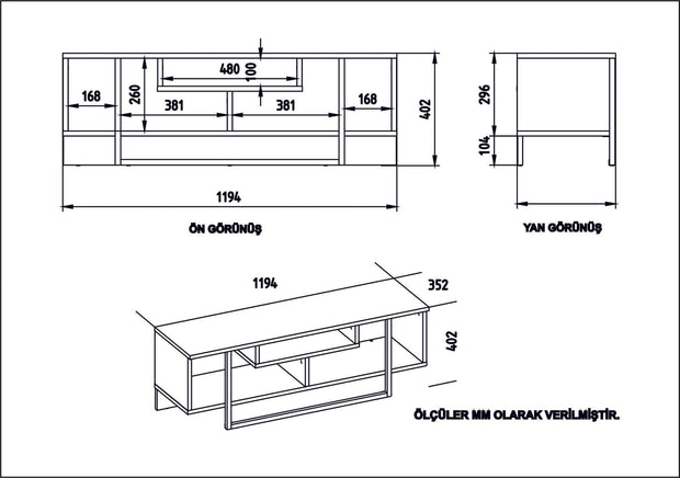 Comoda TV din pal si metal, Asal 120 Alb / Negru / Stejar, l119,4xA35,2xH40,2 cm (3)